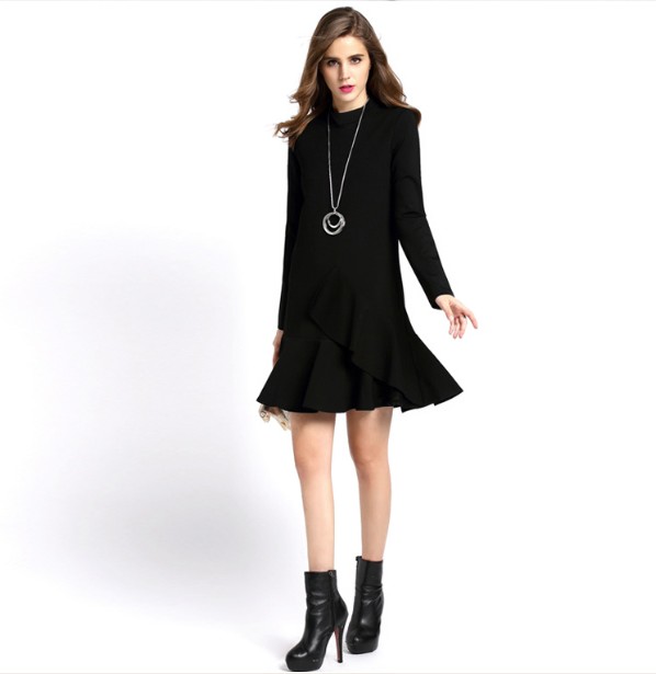 F2486-2 Black High Neck Ruffle Long Sleeve Flounce Hem Dress